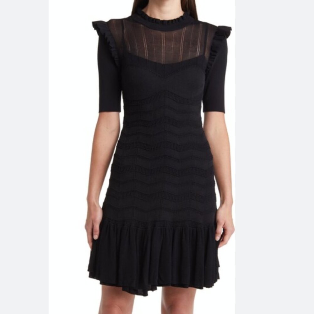 Ted Baker Black Bettyaa Frill-Trim Knitted Dress NWOT